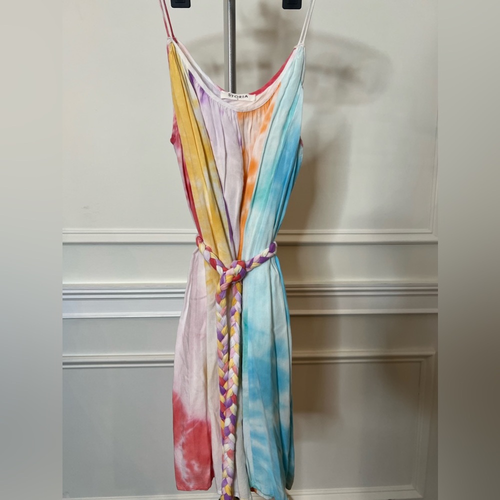 Rainbow tyedye spaghetti strap, sundress w/ braided tyedye belt